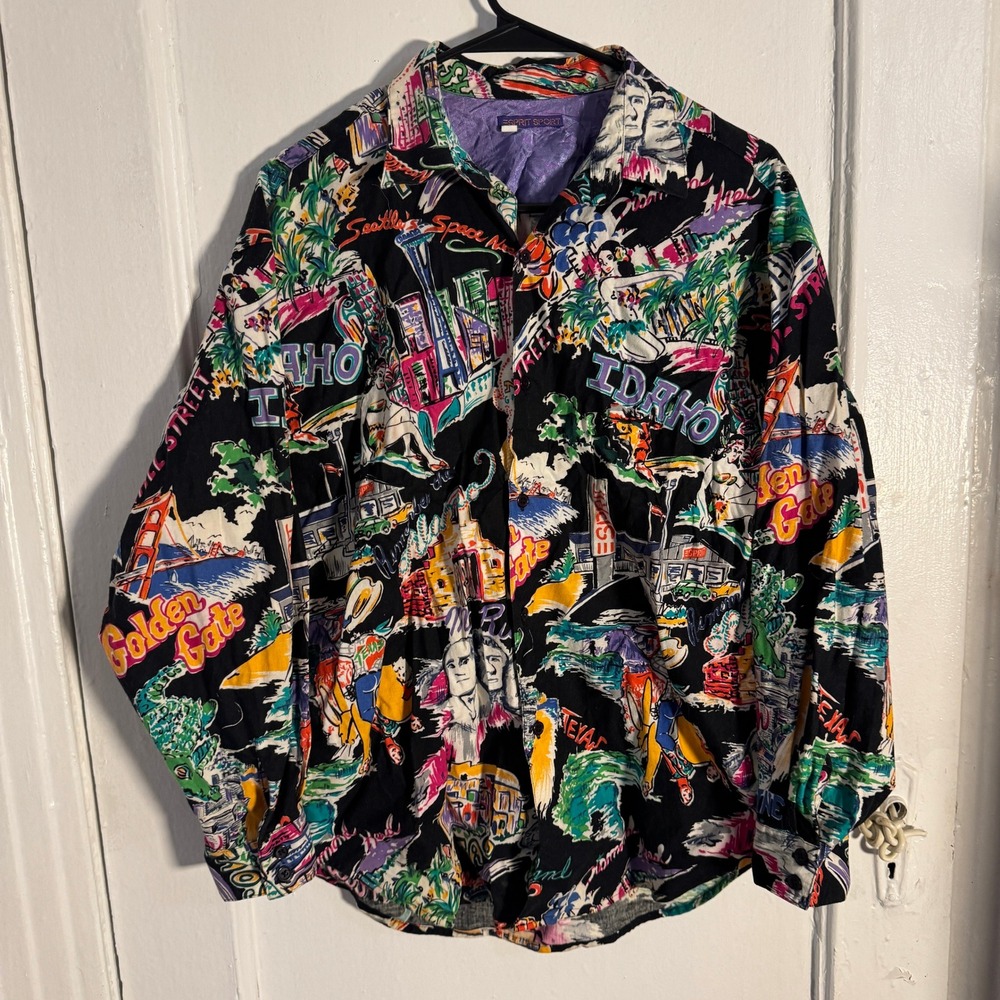Vtg‎ Esprit Sport Patchwork Shirt Mens Retro Pop Art Graffic 90s rare landmarks